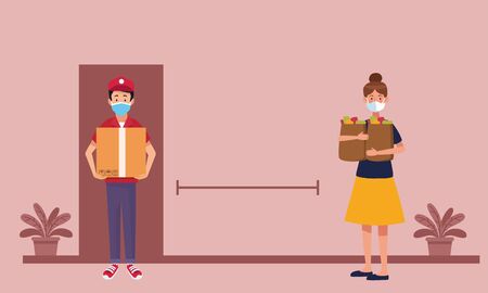 delivery service worker wearing medical mask and box vector illustration designのイラスト素材