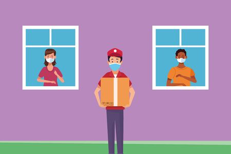 delivery service worker wearing medical mask and box vector illustration designのイラスト素材