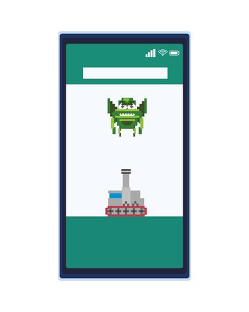space alien with war tank in smartphone 8 bits pixelated icon vector illustration designのイラスト素材