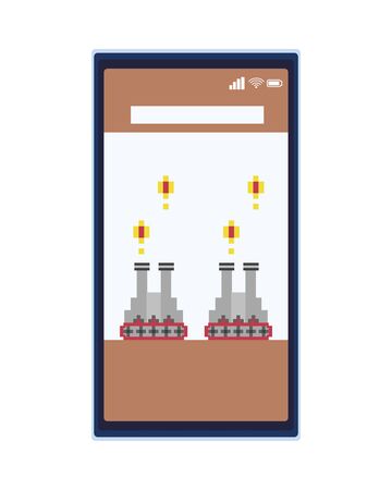 war tanks vehicles in smartphone 8 bits pixelated icons vector illustration designのイラスト素材