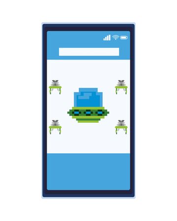 space aliens with ufo in smartphone 8 bits pixelated icon vector illustration designのイラスト素材