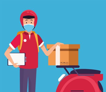 delivery service worker wearing medical mask in motorcycle vector illustration designのイラスト素材