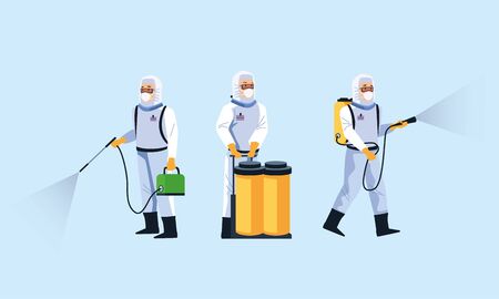 biosafety workers with sprayers disinfectant for covid19 vector illustration designのイラスト素材