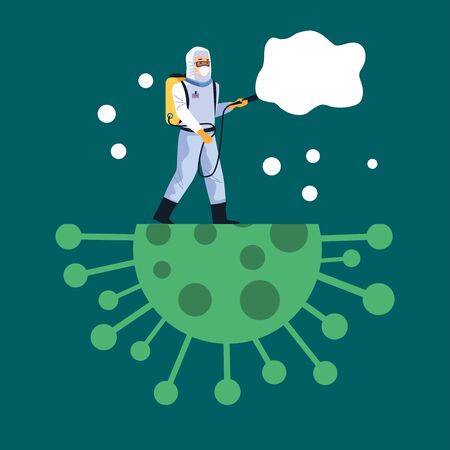 biosafety worker with sprayer disinfectant and covid19 particle vector illustration designのイラスト素材