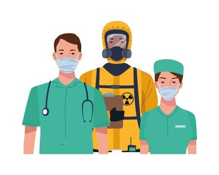 doctors staff wearing medical masks and biosafety suit vector illustration designのイラスト素材