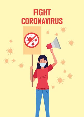 woman with stop covid19 placard protest and megaphone vector illustration designのイラスト素材