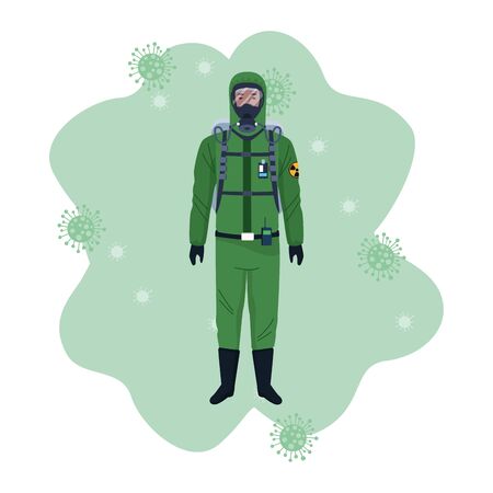 biosafety worker with biohazard suit and covid19 particles vector illustration designのイラスト素材