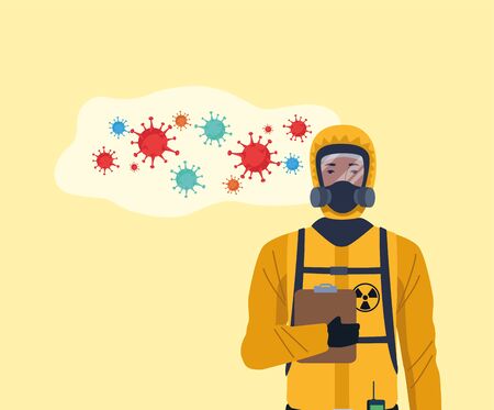 biosafety worker with biohazard suit and covid19 particles vector illustration designのイラスト素材