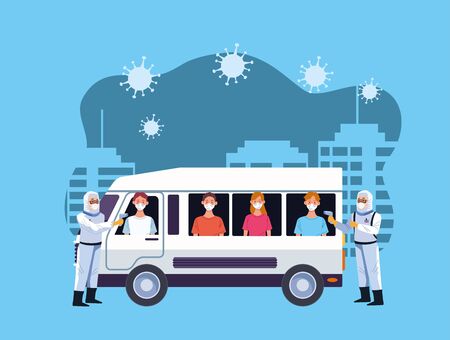 biosafety worker with laser thermometer point control in bus vector illustration designのイラスト素材