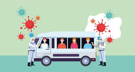 biosafety worker with laser thermometer point control in bus vector illustration designのイラスト素材