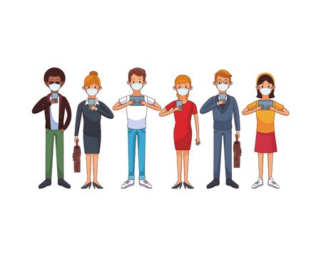 interracial people wearing medical masks using technology characters vector illustration designのイラスト素材
