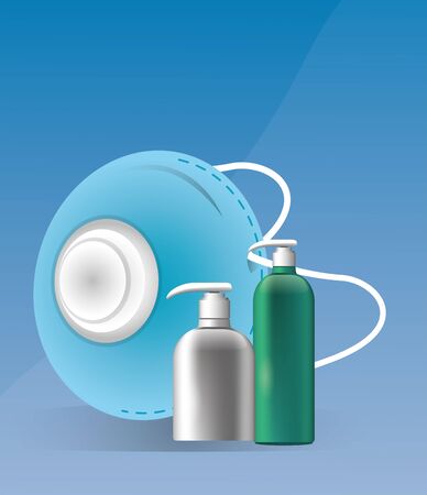 blue medical mask with disinfectant bottles for covid19 prevention method vector illustration designのイラスト素材