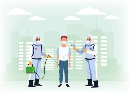 biosafety workers with sprayers disinfectant and patient for covid19 vector illustration designのイラスト素材