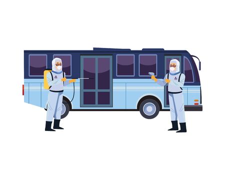 biosafety workers with sprayer and thermometer in bus vector illustration designのイラスト素材