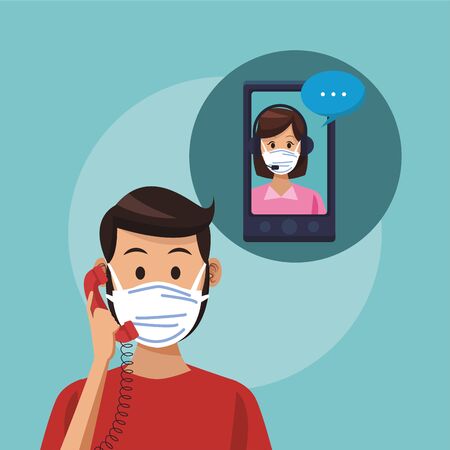 call center support female worker wearing medical mask vector illustration designのイラスト素材