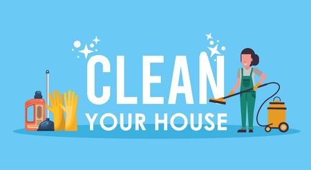 woman working with housekeeping tools disinfect your house vector illustration designのイラスト素材