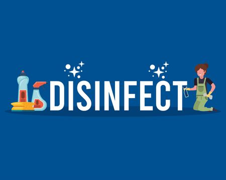 woman working with housekeeping tools disinfect your house vector illustration designのイラスト素材