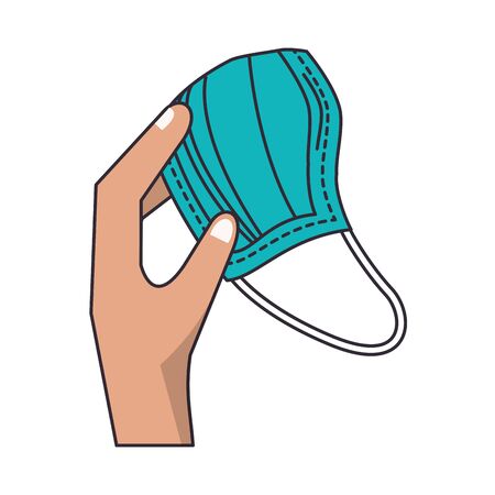 hand with blue medical mask protection accessory for covid19 prevention method vector illustrationのイラスト素材