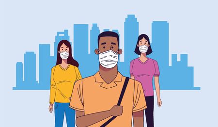 young interracial people wearing medical masks characters vector illustration designのイラスト素材