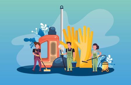 people working with housekeeping tools disinfect your house vector illustration designのイラスト素材