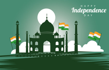 india happy independence day celebration card with mosque and flags vector illustration design