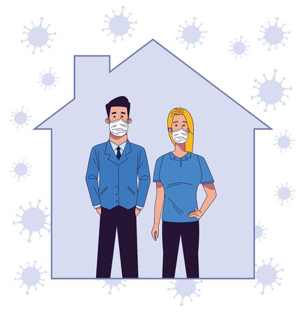 young couple wearing medical masks characters vector illustration designのイラスト素材