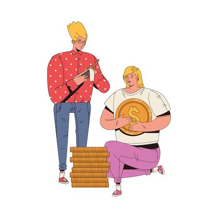 young couple with coins and writing avatars characters vector illustration designのイラスト素材