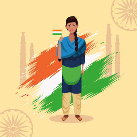 india happy independence day celebration card with woman and flag vector illustration designのイラスト素材