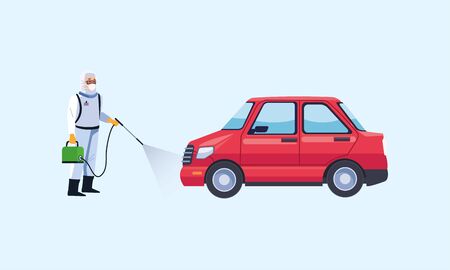 biosafety worker with sprayer disinfectant vehicle for covid19 prevention vector illustration designのイラスト素材