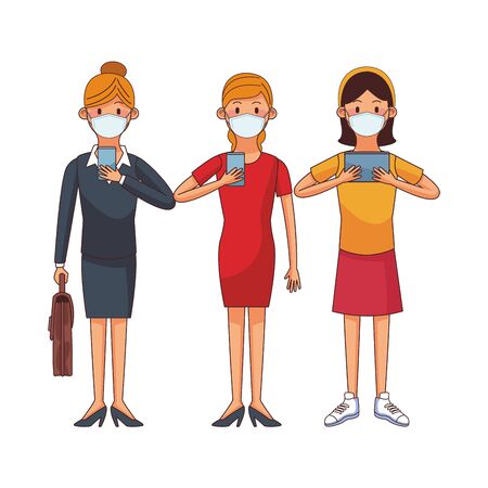 young women wearing medical masks using technology characters vector illustration designのイラスト素材