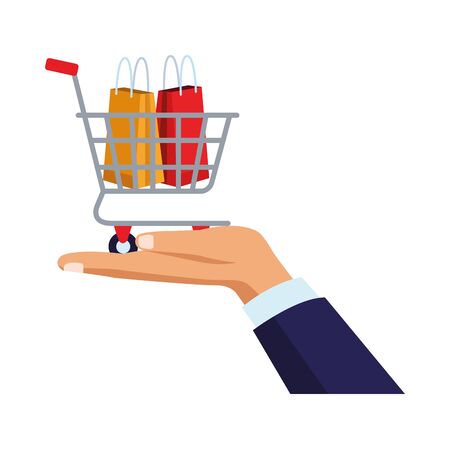 hand with paper shopping bag and cart vector illustration designのイラスト素材