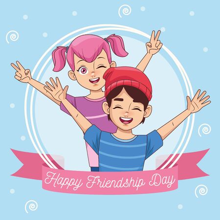 happy friendship day celebration with kids couple vector illustration designのイラスト素材
