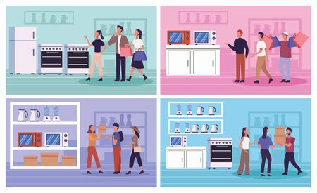 group of people in appliance store in shopping day vector illustration designのイラスト素材