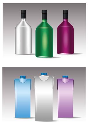 set of glass and tetrapak colors bottles products vector illustration designのイラスト素材