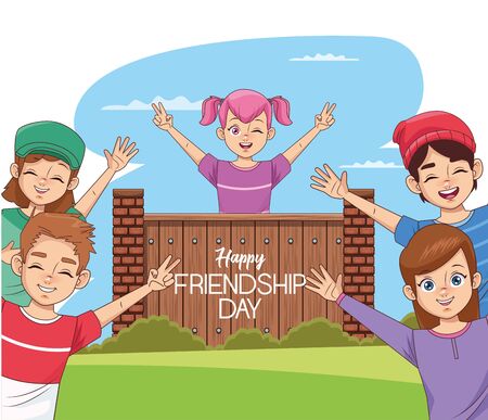happy friendship day celebration with group of kids and wooden door in the park vector illustration designのイラスト素材