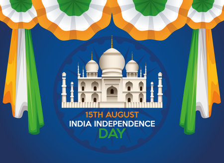 India independence day celebration with taj mahal mosque and flags vector illustration design