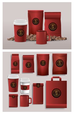 set of red elegant coffee packings products vector illustration designのイラスト素材