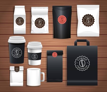 set of elegant coffee packings with differents colors in wooden background vector illustrationのイラスト素材