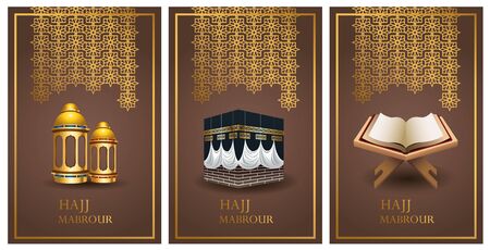 hajj mabrour celebration with golden lanterns hanging and set icons vector illustration designのイラスト素材