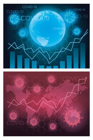 covid19 particles and earth planet with statistics bars futuristic lights vector illustration designのイラスト素材
