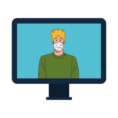 young man wearing medical mask in desktop vector illustration designのイラスト素材