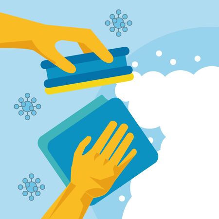 disinfect and clean activity with hand using cleaner cloths and spongue vector illustration designのイラスト素材