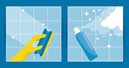 disinfect and clean activity with splash bottle and sponge vector illustration designのイラスト素材