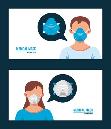 young couple wearing medical masks characters vector illustration designのイラスト素材