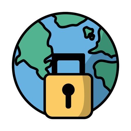 world planet with padlock fill style vector illustration designのイラスト素材