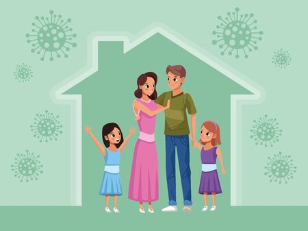 parents couple and daughters Stay at Home family campaign vector illustration designのイラスト素材