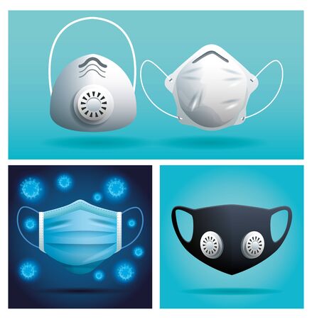 set of medical masks breathing protective respiratory vector illustration designのイラスト素材