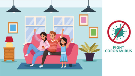 parents couple with daughter stay at home campaign vector illustration designのイラスト素材