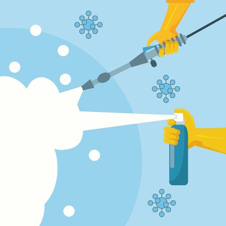 disinfect and clean activity with hand using splash bottle and sprayer vector illustration designのイラスト素材