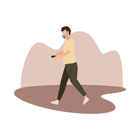 young man wearing medical mask chatting with smartphone character vector illustration designのイラスト素材